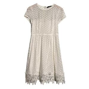 Hallhuber Size 6 White Eyelet Lace Cocktail Party Dress Fit Flare Short Sleeve
